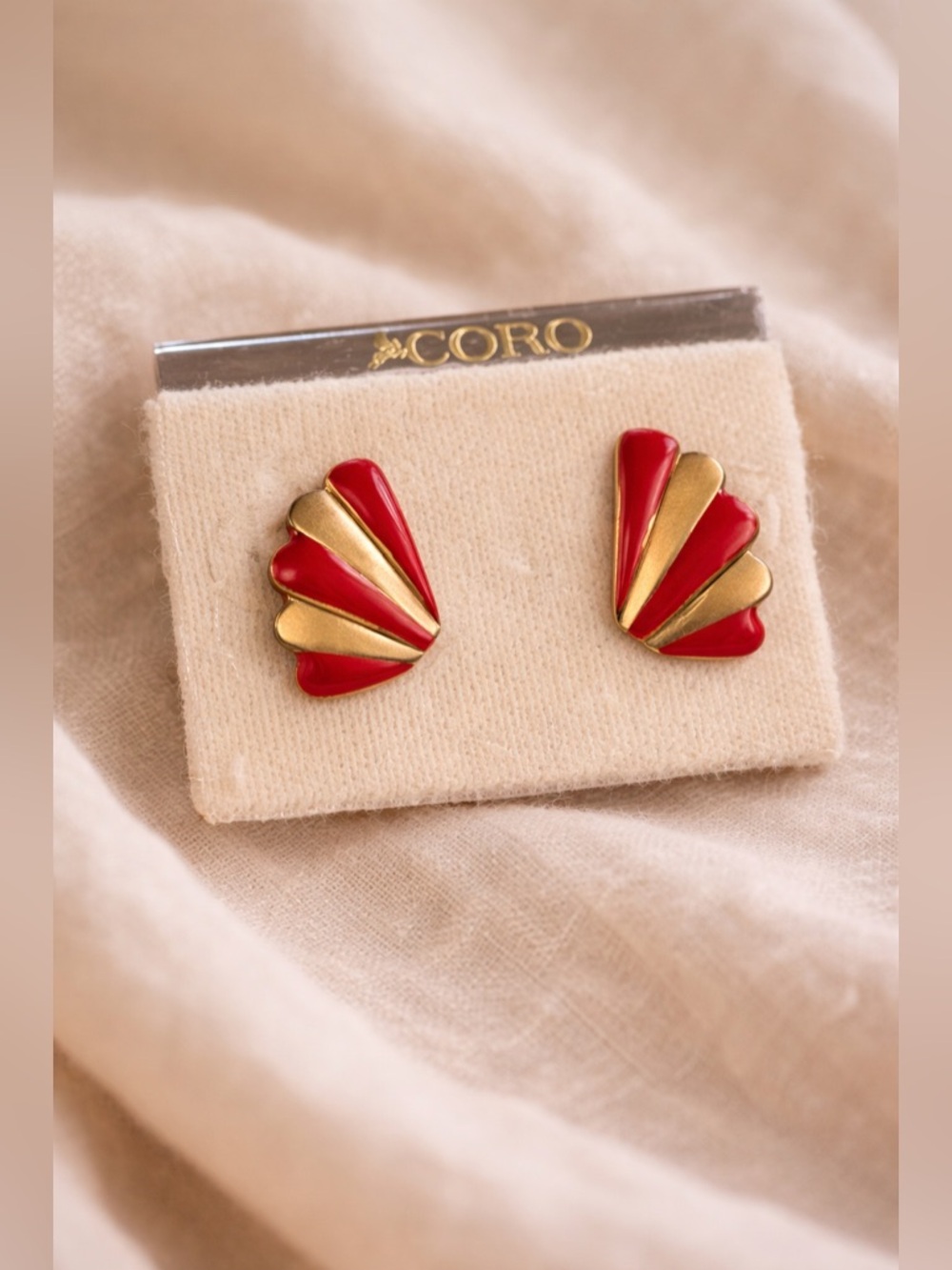 CORO VINTAGE Red and Gold Fan Earrings in Package Women Fashion Collectible Rare